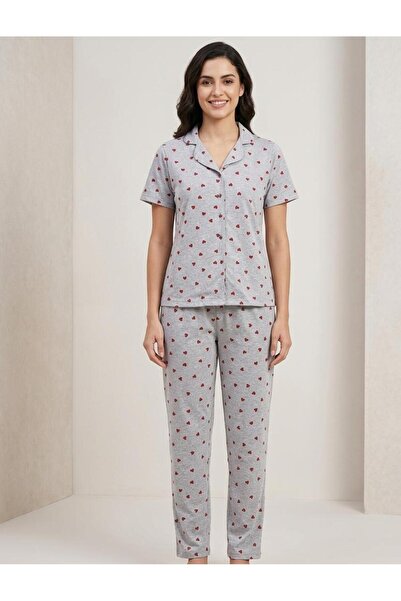 sleeproom Summer Buttoned Short Sleeve Gray Little Red Heart Pajama Set