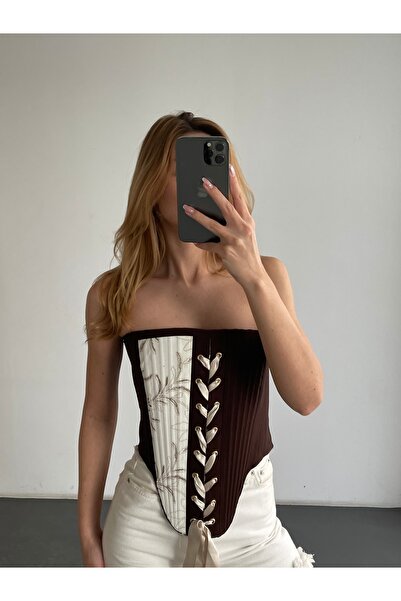 Friday Mood Bustieră cu model patchwork, fără bretele, cu șireturi