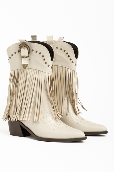 DENORA Beige Cream Matte Leather Tasseled Buckle Western Cowboy Boots