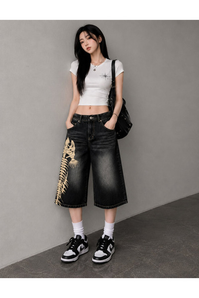Gofeel Y2K Balık İskeleti Baggy Denim Bermuda Şort