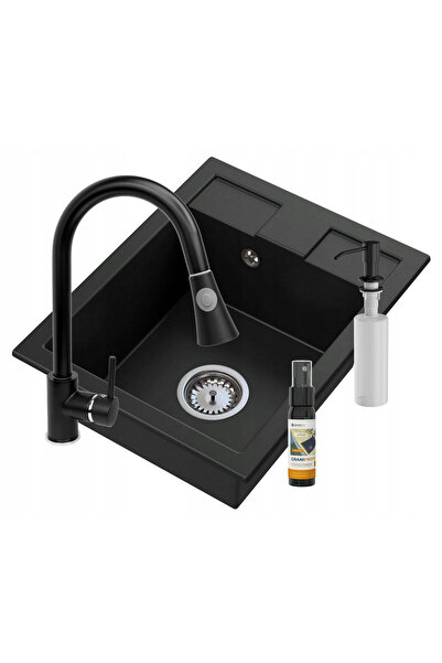 Granitan Set Chiuveta Granit BEST, 500x400mm, negru, Baterie Snake Slim, Sifo...