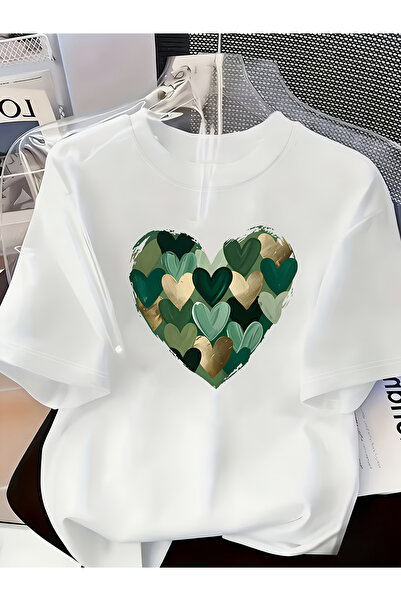 121 Women's Inspirational Green Heart Print T-Shirt - Stylish Casual Short Sl...