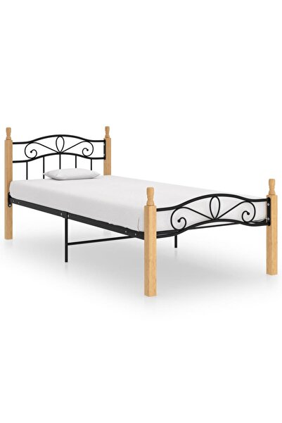 vidaxl Cadru de pat, negru, 90x200 cm, metal și lemn masiv de stejar