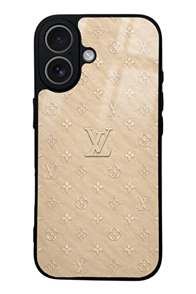 Spoyi iPhone 17 Bej Gold LV Tasarımlı Glossy Telefon Kılıfı