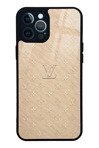 Spoyi iPhone 12 Pro Max Bej Gold LV Tasarımlı Glossy Telefon Kılıfı