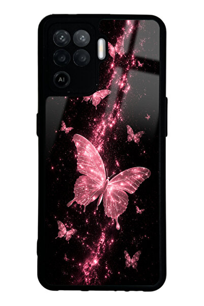 Spoyi Oppo Reno 5 Lite Pink Galaxy Butterfly Tasarımlı Glossy Telefon Kılıfı