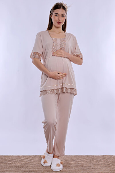 ByLohusa Adjustable Waist Detailed Maternity Pajama Set with Breastfeeding Fe...