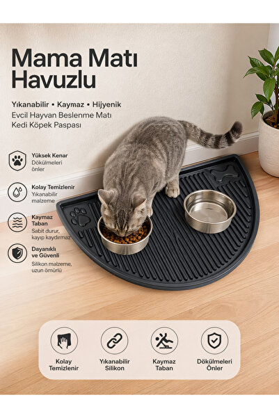 Black Gold Kedi Köpek Mama Altlığı 50x26 Havuzlu Kaymaz Yıkanabilir Mama Matı