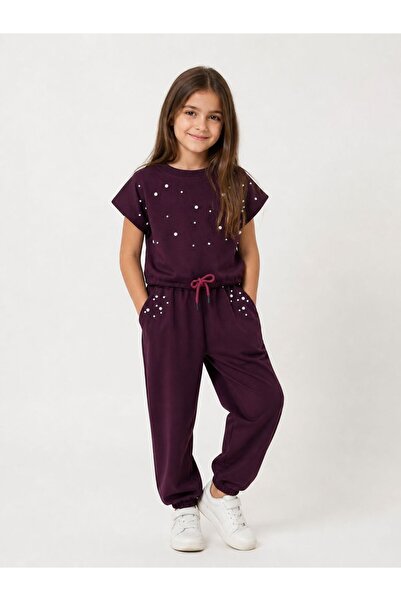 Kidscocuk Girl's Pearl Detailed T-Shirt and Sweatpants Set with Double Pocket...