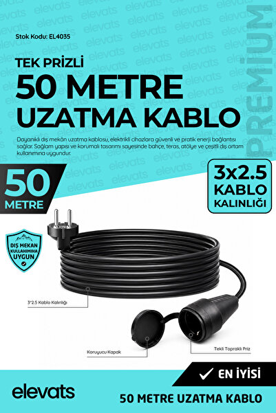 Elevats Premium Profesyonel 50 Mt. Dış Mekan Uzatma Kablosu | Tek Prizli | Ka...