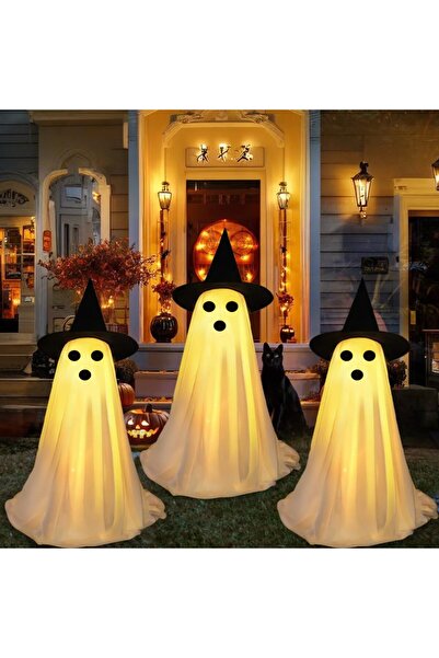Declea Set Decoratiuni Halloween, 3 Fantome Luminoase Cu Palarie De Vrajitoar...