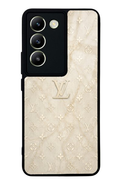Spoyi غطاء هاتف لامع بتصميم LV باللون الذهبي الكريمي لهاتف Vivo V30 Lite