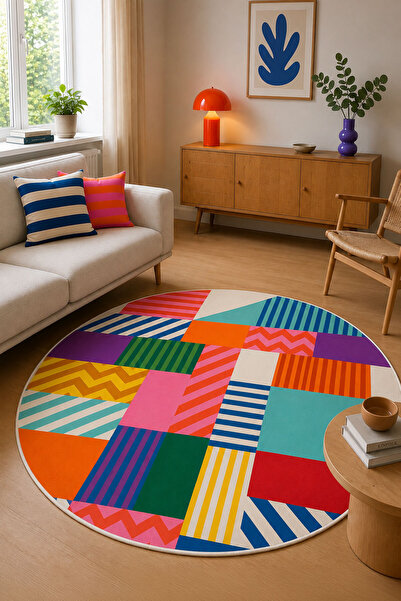 Digital Anti-Slip Washable Colorful Striped Round Retro Lounge Rug Kitchen Rug Bath Mat