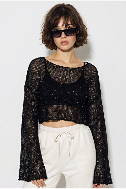 Bianco Lucci Women's Boat Neck Sequined Mesh Textured Bat Sleeve Crop Blouse ...