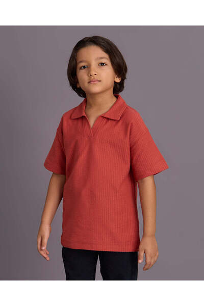 REDTAG Boys Red Jacquard Polo T-shirt