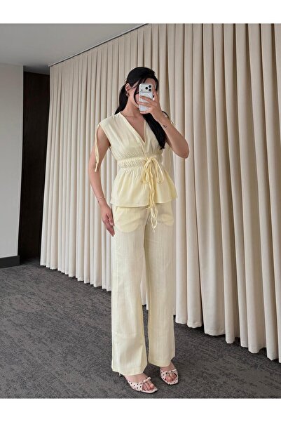 My Blog Set bluză și pantaloni galbeni, 100% bumbac, cu șnur în talie - Y286120