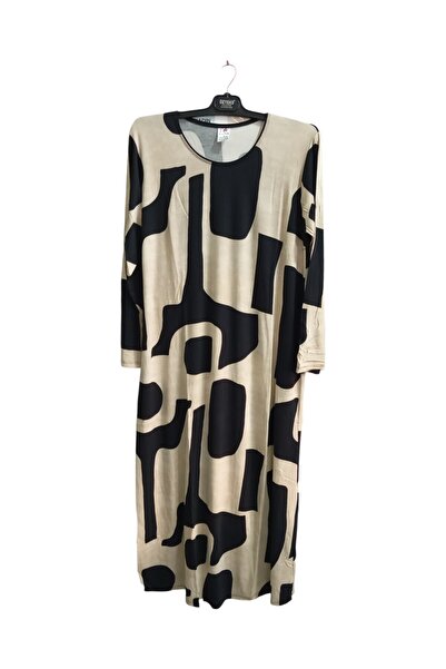 RAMAN Plus Size Black Beige Patterned Long Dress