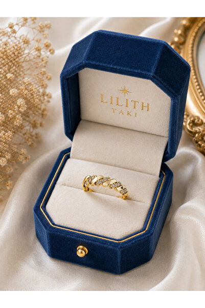 Lilith Takı Knitted Patterned Stoned Gold Color Women's Ring |   Sparkling El...
