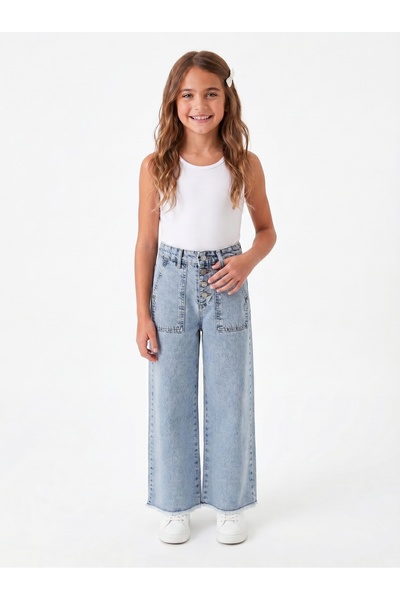 ONLOOX Kız Çocuk Açık Mavi Pamuklu Geniş Paça Düğmeli Paçası Püsküllü Denim J...