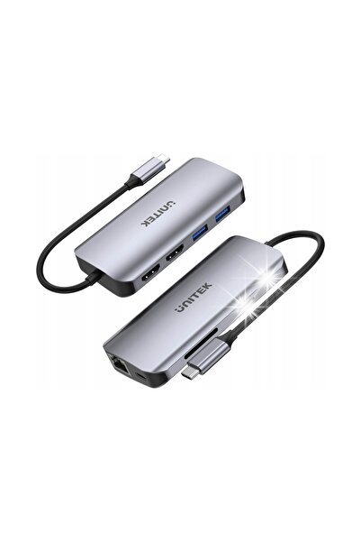 Unitek Hub USB-C activ 5Gbps, 2x HDMI 4K, cititor de carduri, RJ-45, PD 100W