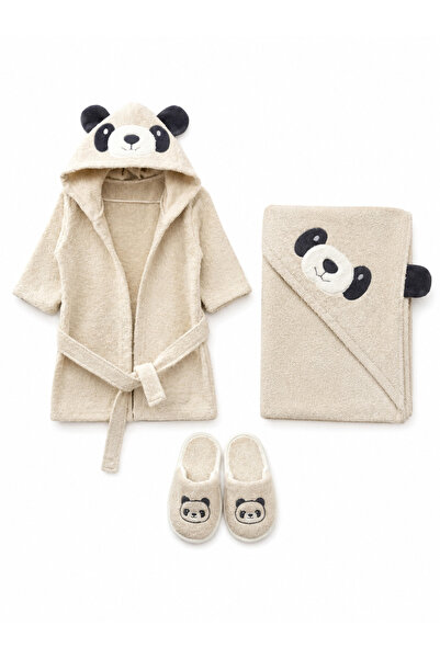 Lilliy %100 Pamuk Panda Figürlü Bebek Bornoz Seti – Yenidoğan ve Bebekler İçi...