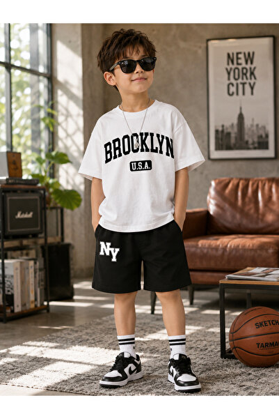 SAINT YUX شورت أسود مطبوع للأولاد من Summer Broklyn Usa Ny، طقم تي شيرت أبيض