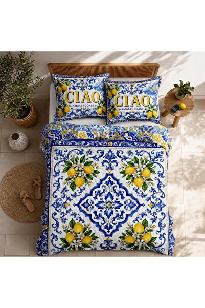 Helen George Amalfi Ciao Lemon Patterned Double Duvet Cover Set 3 Pieces With...