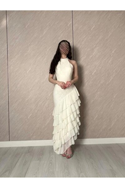 elin Off White Evening Dress with Flowing Ruffles