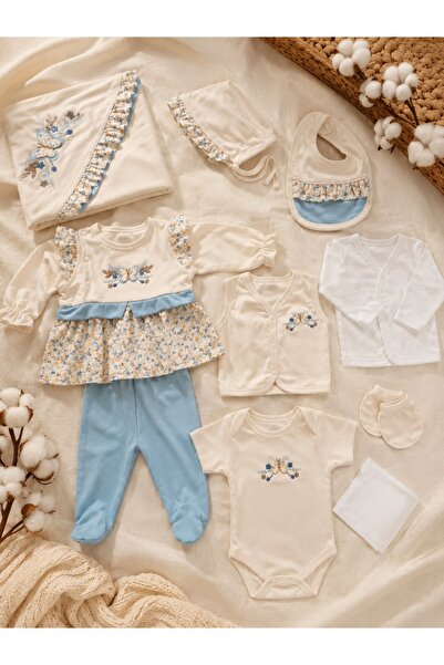 Pure Boutique Set nou nascut fetita 10 piese 100% bumbac, bleu ivoire, flutur...
