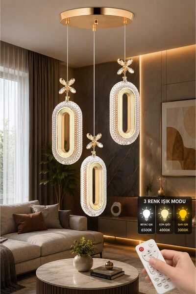 MAVERALİGHTİNG SERRA 3LÜ AVİZE 3 RENK LED ISIKLI KUMANDALI SALON OTURMA ODASI...