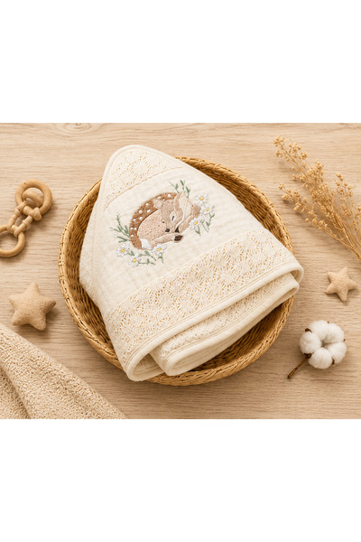 Babyline Aş Kapüşonlu Nakışlı Bebek Banyo Havlusu - Krem Ceylan Desenli