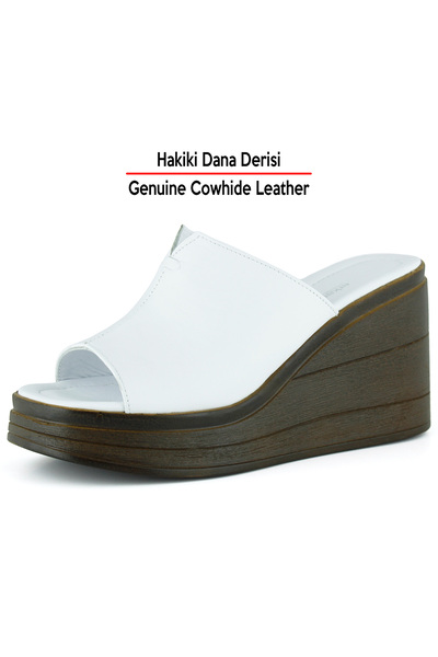 Erkan Saçmacı Valery Plus White Genuine Calfskin Wedge Heeled Slippers