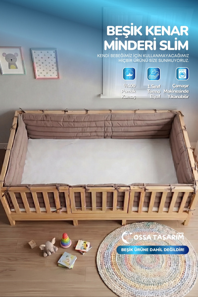 yasetex tasarım Montessori Beşik Kenar Koruma Takımı %100 Pamuk - Açık Kahver...