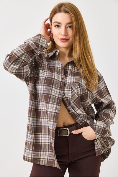 Raneel Kazançlı Alışveriş Women's Soft Textured Plaid Shirt Brown