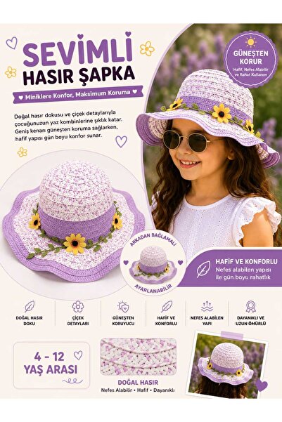 Aselaksesuarr Sevimli Çiçek Desenli Kız Çocuk Hasır Şapka