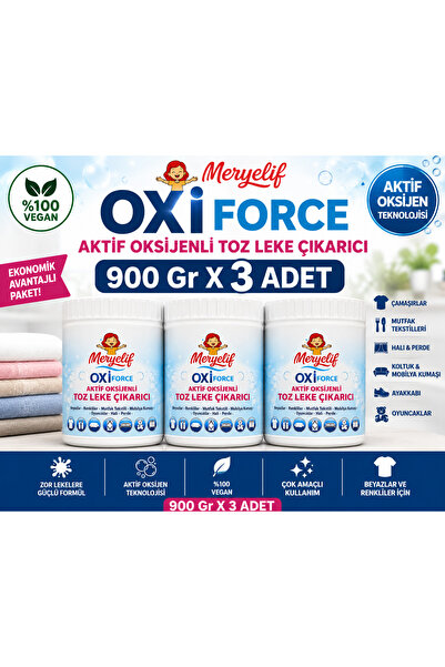Oxi Force Aktif Oksijenli Toz Leke Çıkarıcı 900 Gr x 3 Adet %100 Vegan Çok Amaçlı Güçlü Leke Sökücü