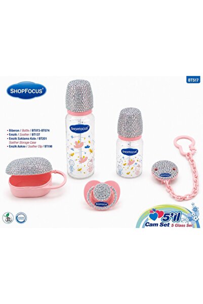 Shopfocus Set of 5 Glass Baby Bottles - Special Stone Decorated Design - 250m...