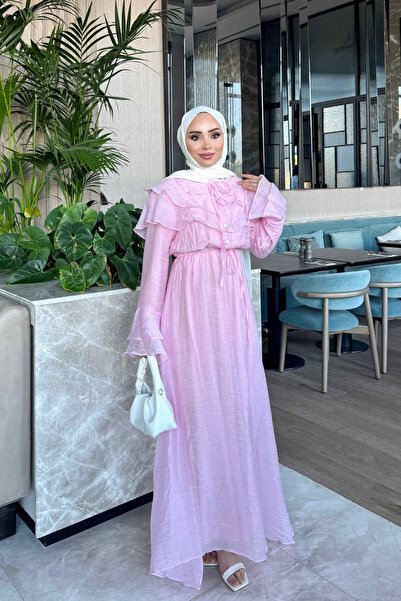 İmajButik Pembe Yaka Fırfırlı Bel Lastikli Elbise