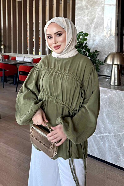 İmajButik Khaki Lace Detailed Balloon Sleeve Muslin Tunic