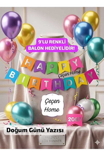 ÇEÇEN HOME Multi-Colored Gilded Happy Birthday Sign, 9 Balloons Are a Gift! C...