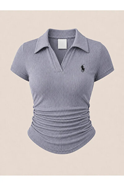 Violon Siva vintage bluza od likre sa detaljnim drapiranim polo ovratnikom i ...