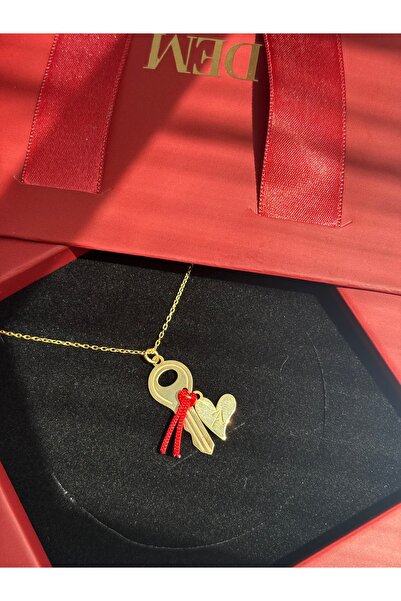 Dem Accessory 925 Ayar Gümüş Kırmızı İp Detaylı Kişiye Özel Harfli Kalp ve An...