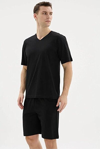KLY PİJAMA Kly 26219 Men's 100% Cotton V-Neck Half Sleeve Pocket Shorts Set