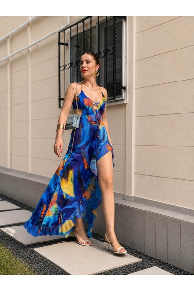 YK FASHION Fırfır Detaylı Renkli Elbise