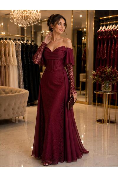 RENK Off-Shoulder Chiffon Long Formal Dress with Cape 5397