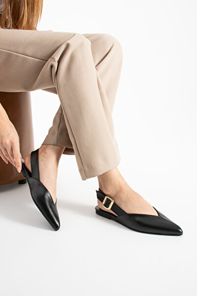 LORENN SHOES Fiona Black Matte Pointed Toe Belt Detailed Short Heeled Women's...