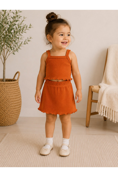 ues Orange Ribana Ribbed Crop Top and Skirt Set