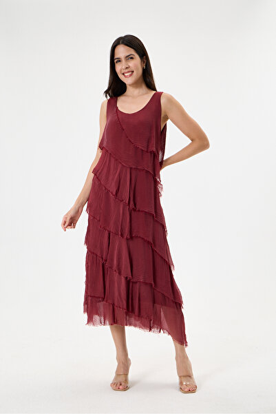 della moor Burgundy Italian Layered Lined Zero Sleeve Silk Dress 38 - 42 Size