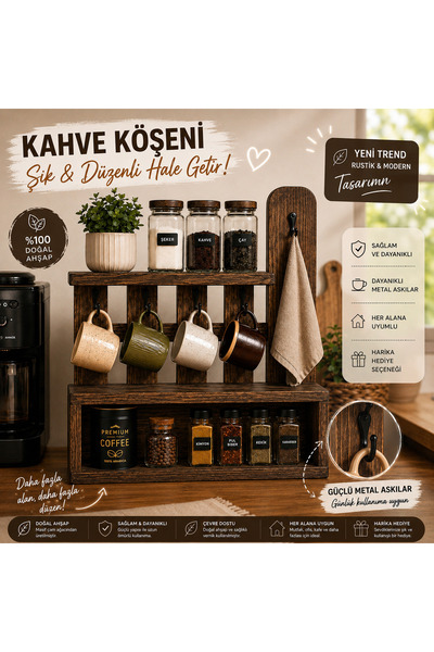 ustawood 45x45 cm Masif Ahşap Kahve Köşesi Düzenleyici Kupa Askılığı Baharatl...