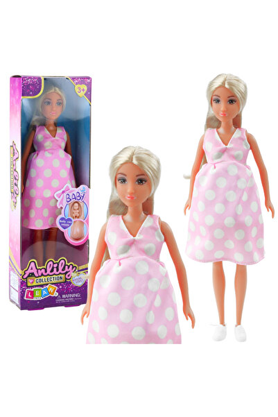 LeanToys Păpușă însărcinată Anlily, rochie roz deschis cu buline, păr lung